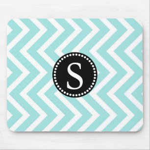 Aqua Blue & White Zigzag Muster Black Monogram Mousepad