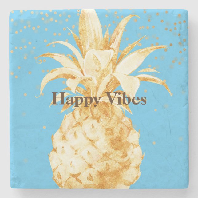 Aqua Blue Yellow Gold Ananas Steinuntersetzer (Vorderseite)