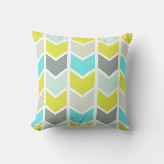 Aqua Blue Yellow Grey Geometric Zickzack Muster Kissen (Vorderseite)