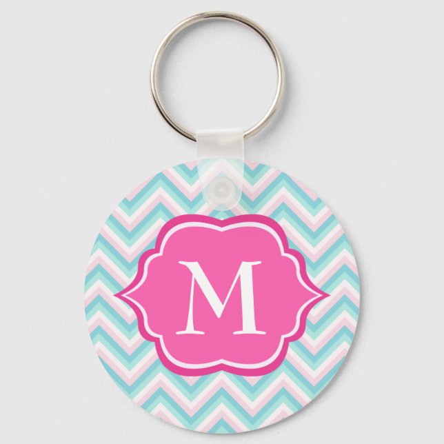 Aqua Blue Zickzack Pink White Monogram Design Schlüsselanhänger (Vorderseite)