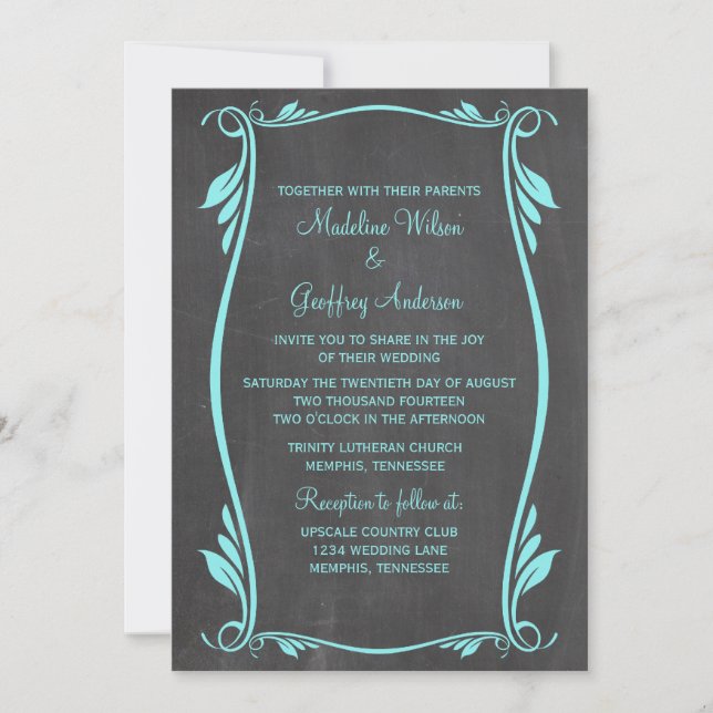 Aqua Blüh Chalkboard Wedding Einladung (Vorderseite)