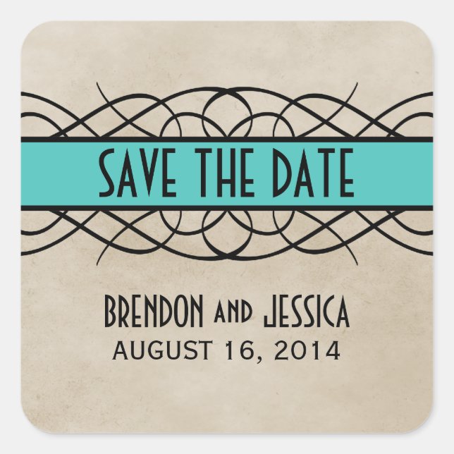 Aqua Blühe Border Save the Date Stickers (Vorderseite)