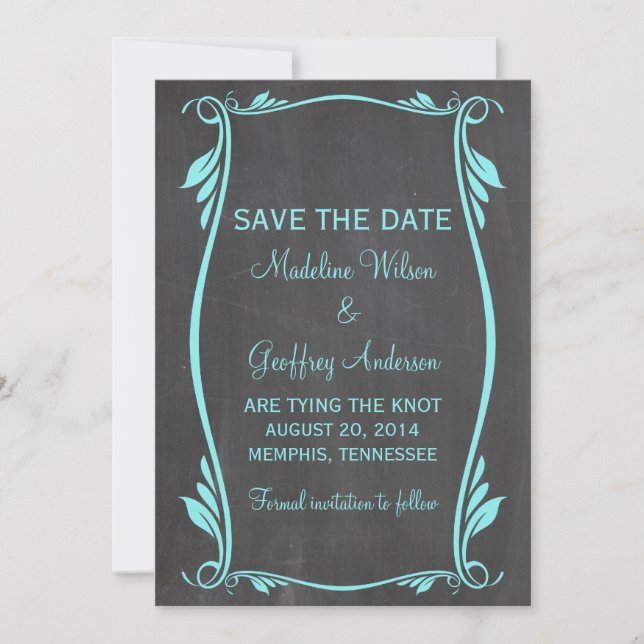 Aqua Blühe Chalkboard Save the Date einladen (Vorderseite)