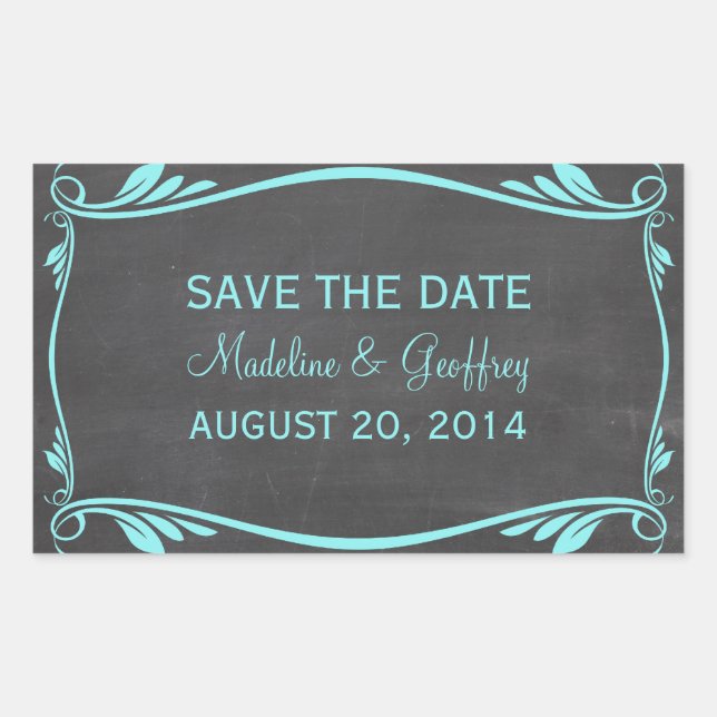 Aqua Blühe Chalkboard Save the Date Stickers (Vorderseite)