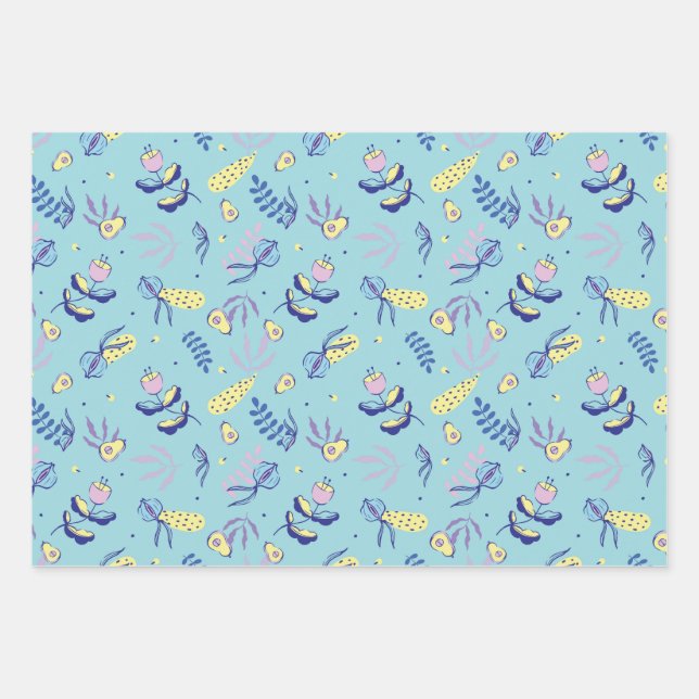 Aqua Blumenmuster Geschenkpapier Set (Vorderseite)