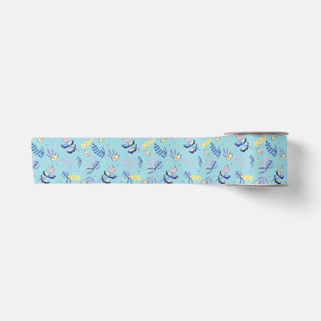 Aqua Blumenmusterband Satinband (Vorderseite)