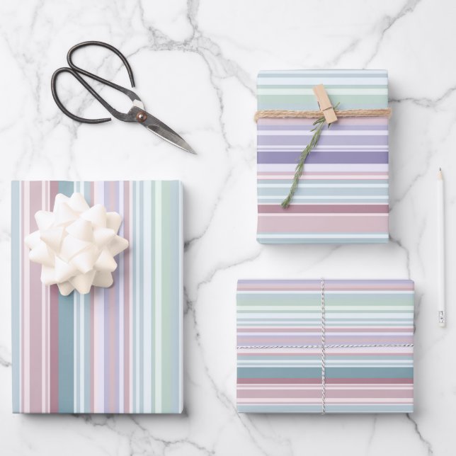 Aqua, Blush and Lavender Stripes Geschenkpapier Set (Vorderseite)