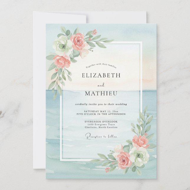 Aqua-Blush-Blatt-Hochzeit Einladung (Vorderseite)