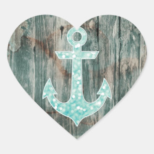 Aqua Bokeh Nautical Glitzer Anchor on Wood Herz-Aufkleber