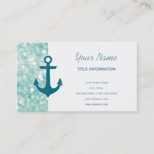Aqua Bokeh Nautical Glitzer Anchor Visitenkarte (Vorderseite)