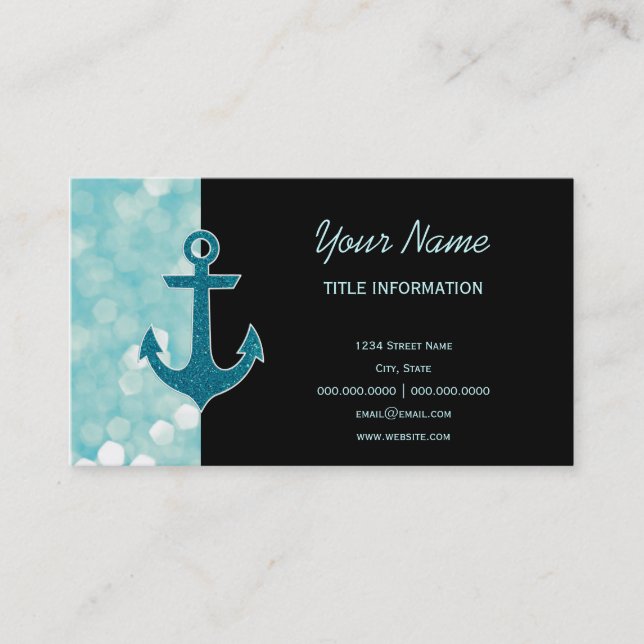 Aqua Bokeh Nautical Glitzer Anchor Visitenkarte (Vorderseite)