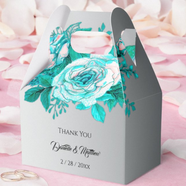 Aqua Botanical Silver Wedding Rose Geschenkschachtel (Von Creator hochgeladen)