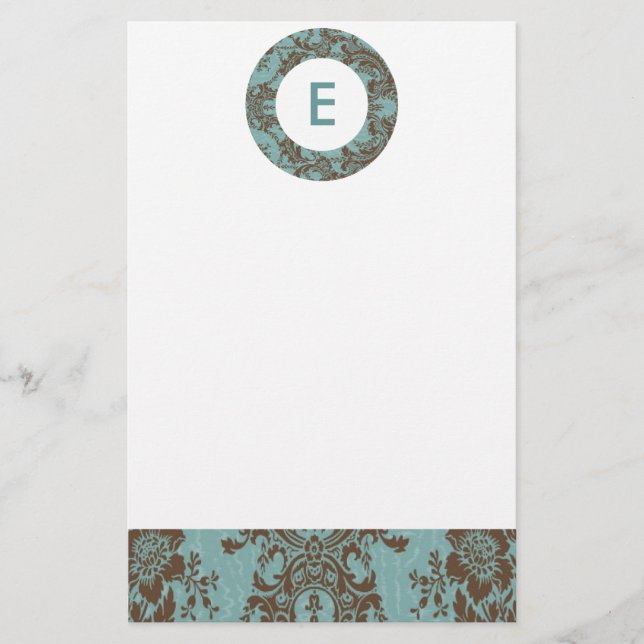 Aqua Brown Damask Anpassbare Monogramm Briefpapier (Vorderseite)