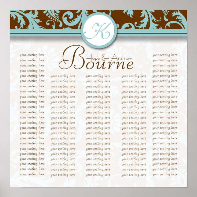 Aqua Brown Monogram Damaschart Poster (Vorne)