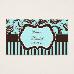 Aqua, Brown, White Stripe Damask Wedding Favor Tag