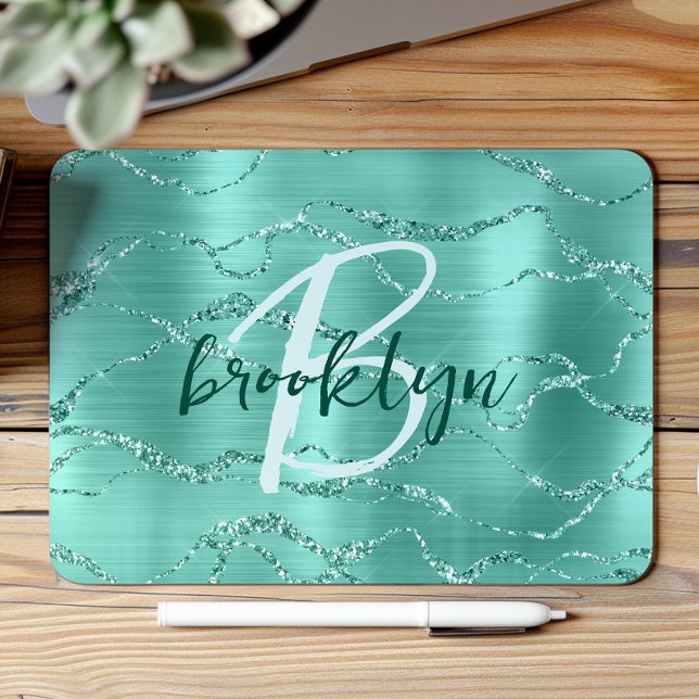 Aqua Brushed Metal Glitter Script Monogram  Mousepad (Von Creator hochgeladen)