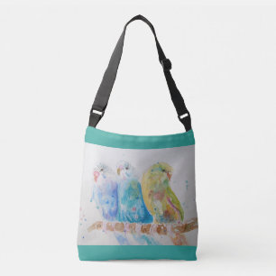 Aqua Budgie Birds Branch Watercolor Crossbody Bag Tragetaschen Mit Langen Trägern