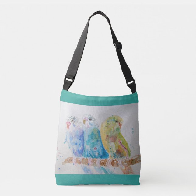 Aqua Budgie Birds Branch Watercolor Crossbody Bag Tragetaschen Mit Langen Trägern (Vorderseite)