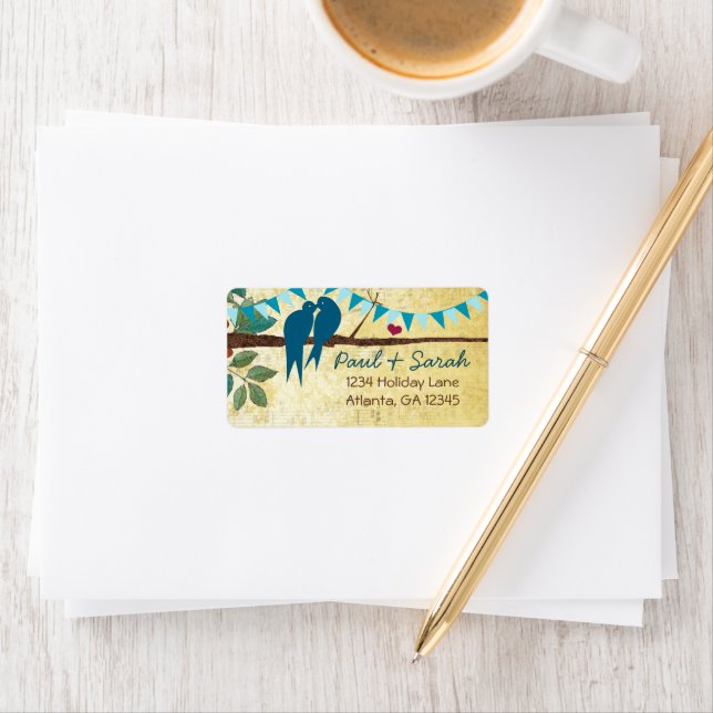 Aqua Bunting Vintag Love Birds Adressaufkleber (Insitu)