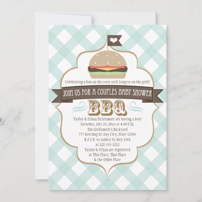Aqua Burger Paare GRILLEN Baby Shower Einladungen (Vorderseite)