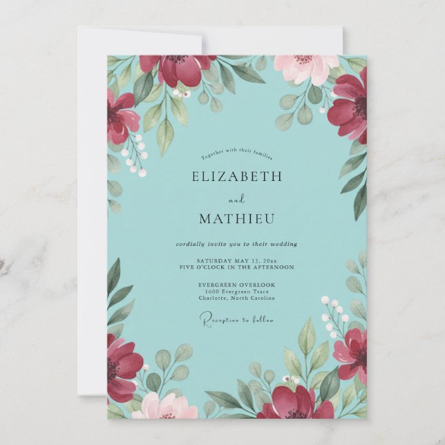 Aqua-Burgunder-Mohn-Hochzeit Einladung (Vorderseite)
