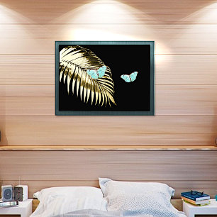Aqua Butterfliegen auf Golden Palm Frond Foil Prin Foliendrucke