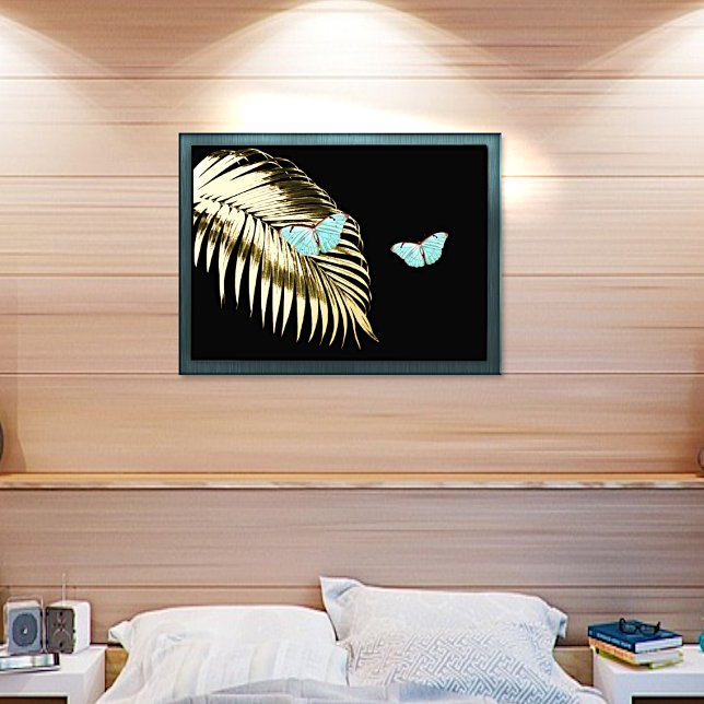Aqua Butterfliegen auf Golden Palm Frond Foil Prin Foliendrucke (Von Creator hochgeladen)