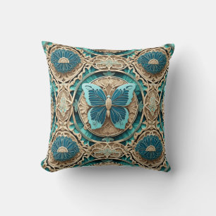 Aqua Butterfly auf Tan Medallion Kissen