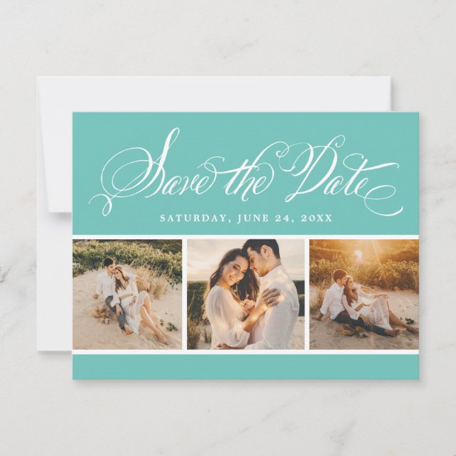 Aqua Calligraphy Script Wedding Foto Collage Save The Date (Vorderseite)