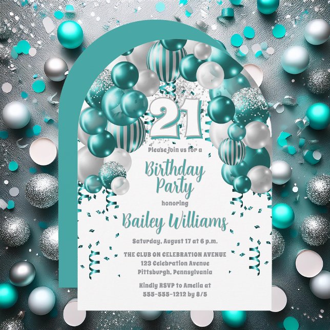 Aqua Celebration Balloons 21. Geburtstag Party Einladung (Aqua | Silver Balloons "21" 21st Birthday Party Invitations - Print and/or Download Available)