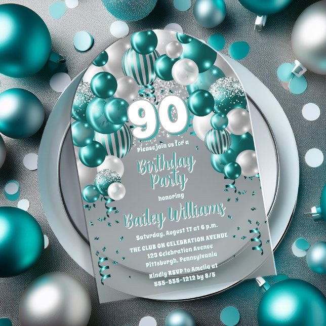 Aqua Celebration Balloons 90. Geburtstagsparty Acryleinladungen (Aqua Celebration Balloons "90" 90th Birthday Party Acrylic Invitation)