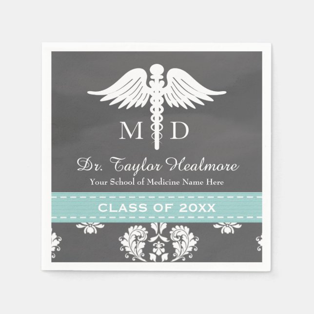 Aqua Chalkboard Caduceus Medizin School Abschluss Serviette (Vorderseite)