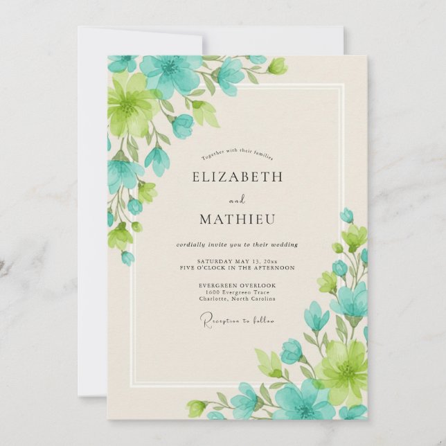 Aqua Chartreuse Blätterhochzeit Einladung (Vorderseite)