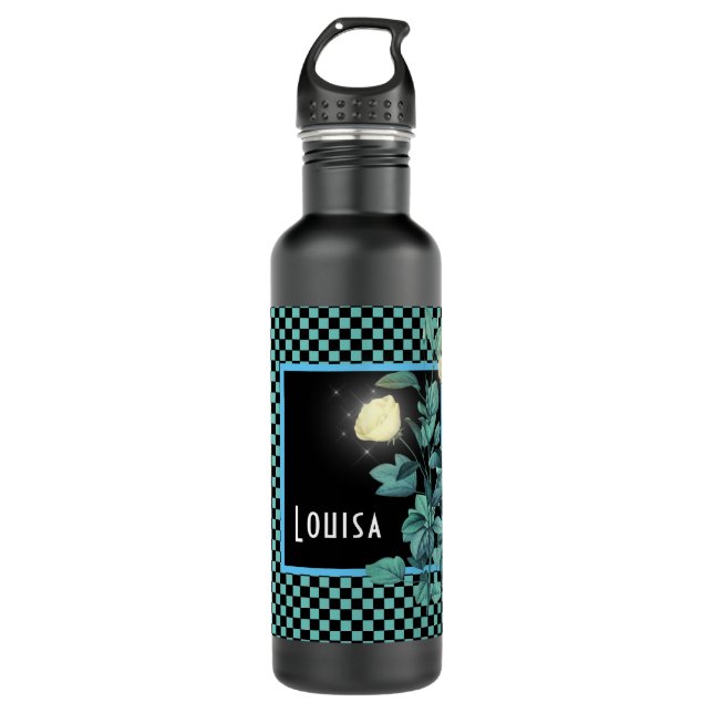 Aqua Checkerboard Floral Personalisiert Edelstahlflasche (Vorderseite)