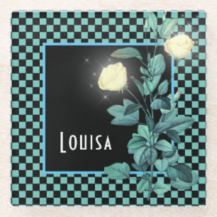Aqua Checkerboard Floral Personalisiert Glasuntersetzer