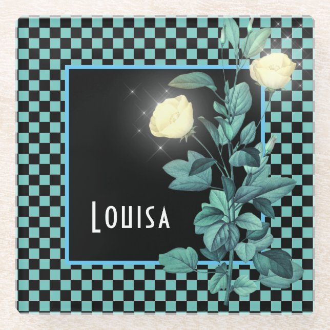 Aqua Checkerboard Floral Personalisiert Glasuntersetzer (Vorderseite)