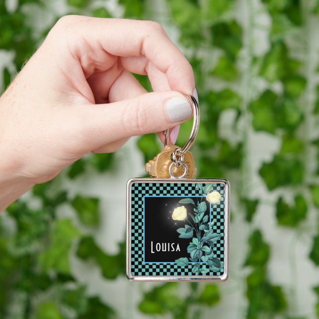 Aqua Checkerboard Floral Personalisiert Schlüsselanhänger (Hand)