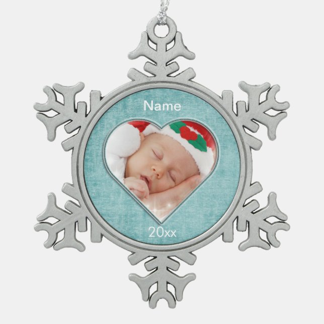 Aqua Chenille Heart Shape Foto Frame Template Schneeflocken Zinn-Ornament (Vorderseite)