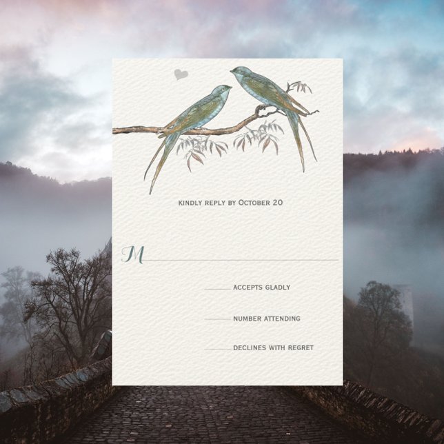 Aqua Cherry Blossom Vintag Bird Hochzeiten RSVP Karte (Von Creator hochgeladen)