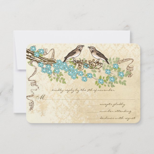 Aqua Cherry Blossom Vintag Bird Hochzeiten RSVP Karte (Vorderseite)
