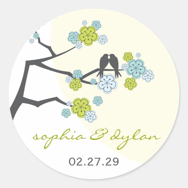 Aqua Cherry Blossoms Love Birds Hochzeitsticker Runder Aufkleber (Vorderseite)