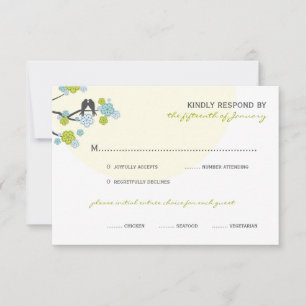 Aqua Cherry Blossoms Love Birds Wedding RSVP Card Karte