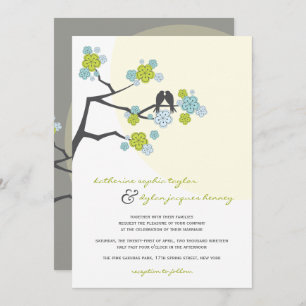 Aqua Cherry Blossoms Love Birds Wedite Einladung