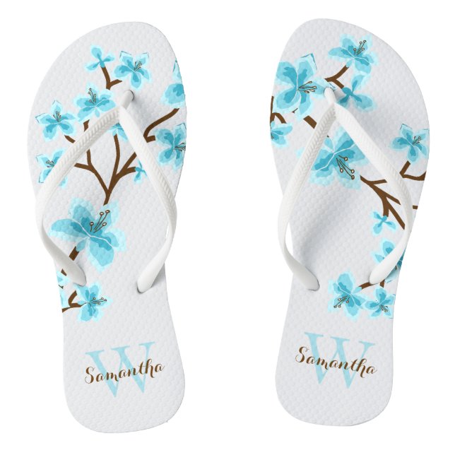 Aqua Cherry Blossoms Mit Monogramm Flip Flops (Fußbett)