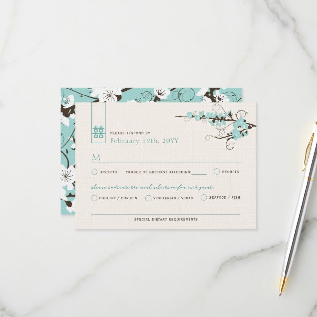 Aqua Cherry Blüten Sakura Wirbel Asiatische Hochze RSVP Karte (Vorderseite/Rückseite Beispiel)