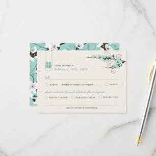 Aqua Cherry Blüten Sakura Wirbel Asiatische Hochze RSVP Karte