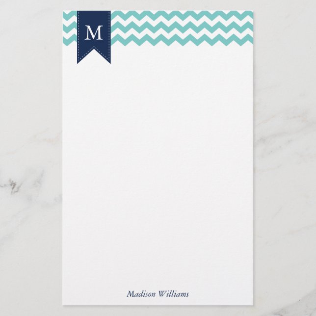 Aqua Chevrons Muster und Blue Monogram Briefpapier (Vorderseite)
