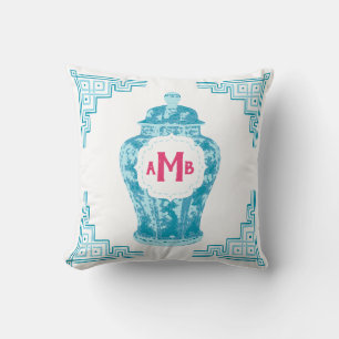 Aqua Chinoiserie Ginger Jar Monogram Kissen
