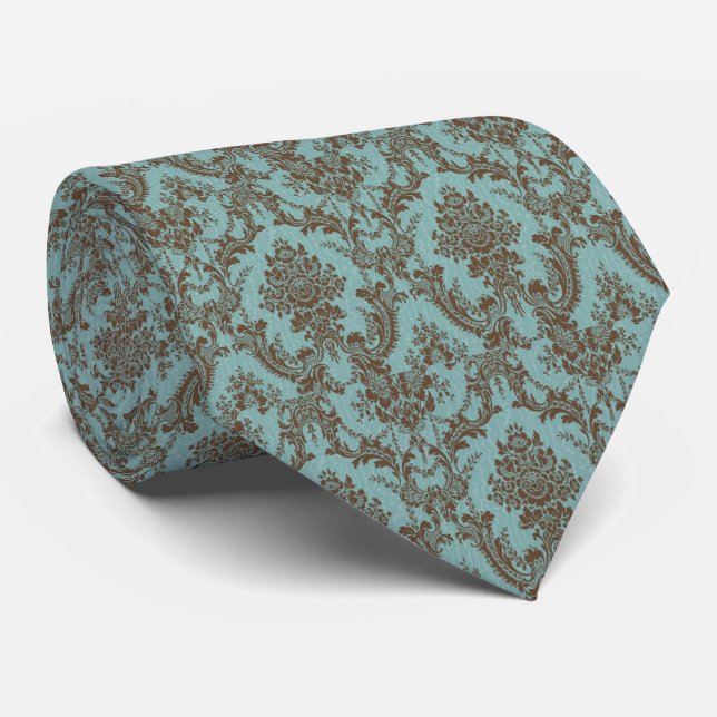 Aqua Chocolate Damask Krawatte (Gerollt)