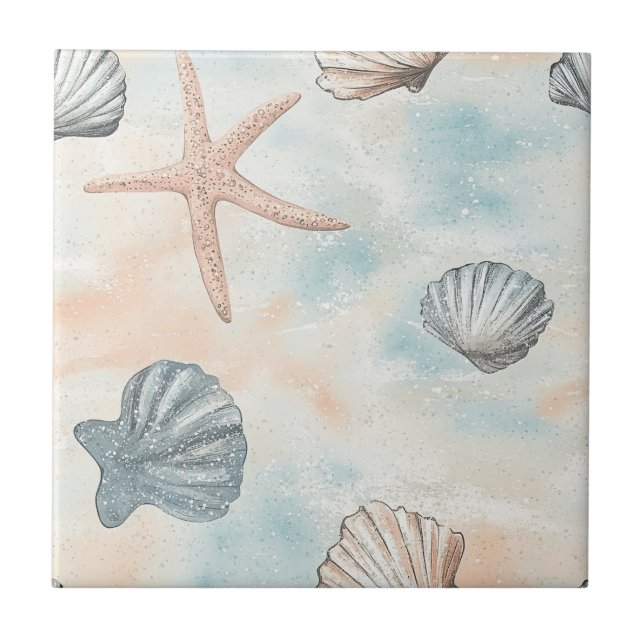 Aqua Coastal Seashells & Sparkle Starfish (1) Fliese (Vorderseite)